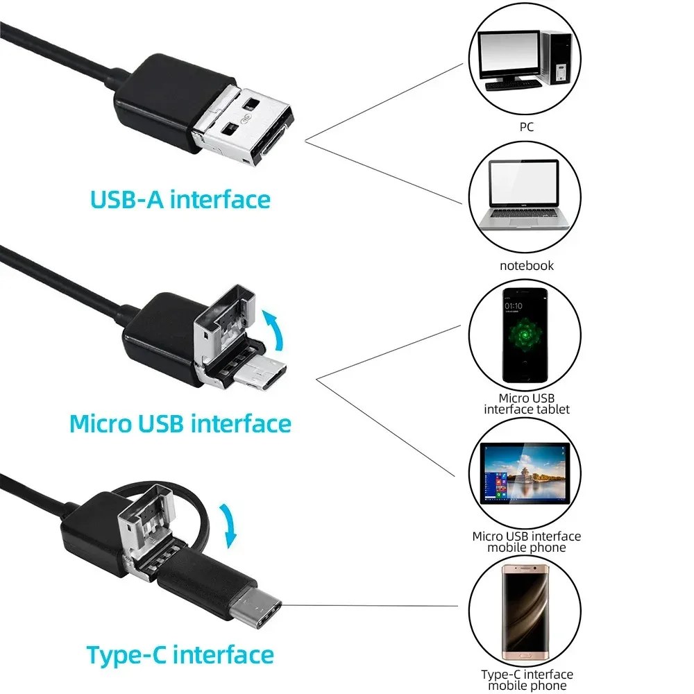 3-in-1 USB Inspection Camera - 7mm Waterproof Borescope with 6 LEDs view 2